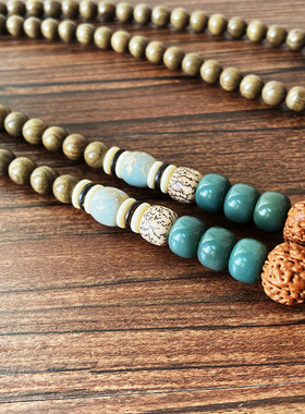 原创设计桃木莲花金丝楠木佛珠项链男女民族风个性白搭毛衣链礼物