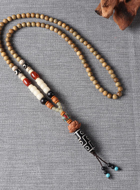 藏式民族风配饰沉香木星月菩提项链九眼天珠吊坠毛衣链男女士复古