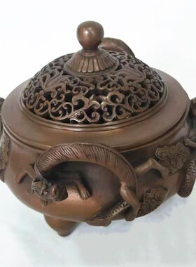 古铜都铜工艺品铜熏香炉铜炉装饰品香道用品文房紫铜直纹螭钮熏炉