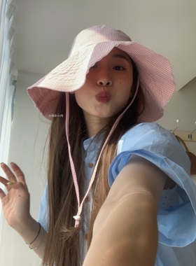 “超大帽檐”假日格子渔夫帽出行旅游防晒春夏女生休闲小众盆帽子