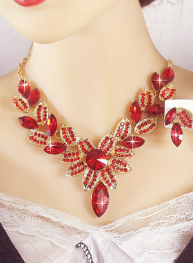 欧美复古七彩祥云树叶系夸张项链套装女奢华水晶玻璃饰品全套