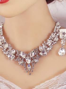 爆款水滴水晶玻璃超闪富贵表演项链耳环两件套新品锁骨短款项链