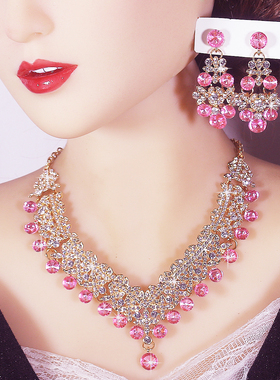 法式宫廷璀璨奢华精致合金水钻珍珠项链耳环首饰套装婚纱配饰饰品