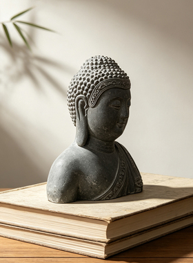 新中式仿石禅意释迦摩尼半身像佛头家居玄关茶室展示柜桌面装饰品