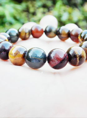 三色彩虎眼石手链多彩虎眼石珠宝手串10mm圆珠带猫眼眼线好梦幻石