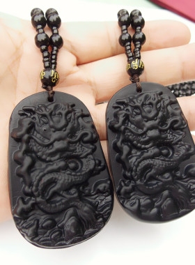 新款春夏秋冬长款毛衣链仿黑曜石龙图腾凤复古男女项链龙牌玉佩链