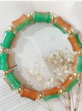 小清新仿玉竹节手链情侣百搭琉璃路路通转运珠手链直播货源黄米珠