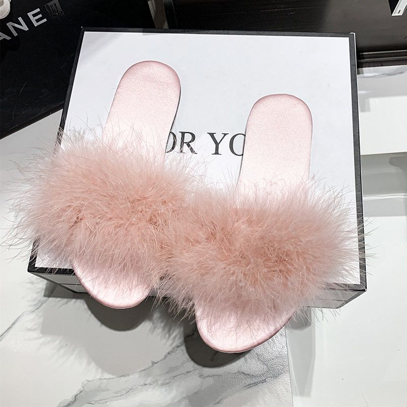 新款平底毛毛拖鞋女外穿时尚网红低跟凉拖羽毛一字拖轻奢居家拖鞋 - 图2
