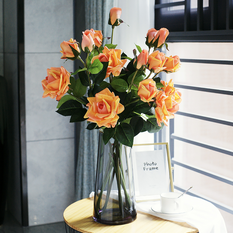 3D手感保湿玫瑰仿真花束客厅餐桌假花摆件套装插花装饰花艺绢花-图0