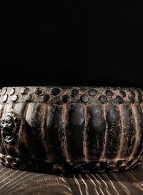 仿古典中国风粗陶石鼓形盆景微景观圆盆一叶莲铜钱草盆水培花盆器