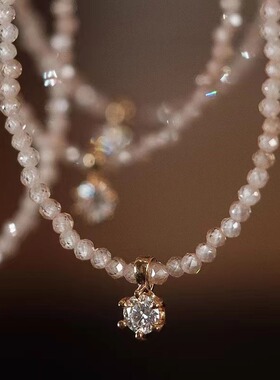 极简轻奢切面锆石吊坠项链女轻奢香槟色水晶锁骨链小红书同款