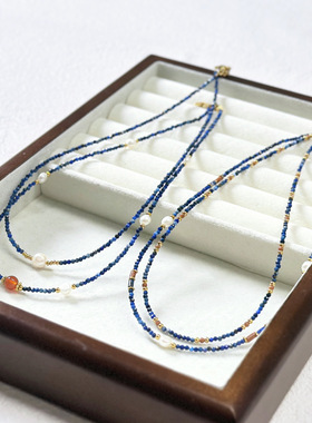 复古高级感青金石串珠钛钢项链轻奢淡水珍珠红玛瑙锁骨链毛衣链女