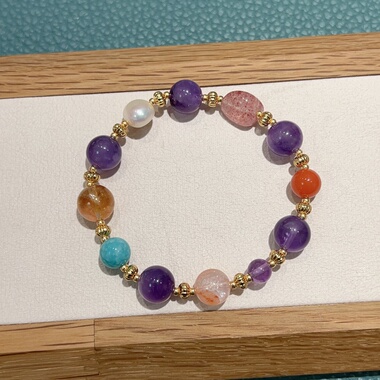 天然紫粉水晶多宝手串女款叠戴