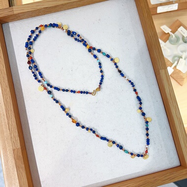 原创天然青金石银镀金多宝毛衣链