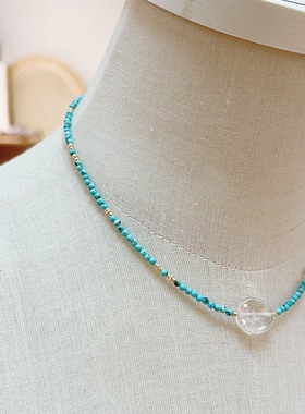 法式小众绿松石白水晶吊坠项链