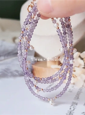 推荐珠宝小紫嗲哭！天然梦幻紫水晶珍珠细手链脚链女创意闺蜜
