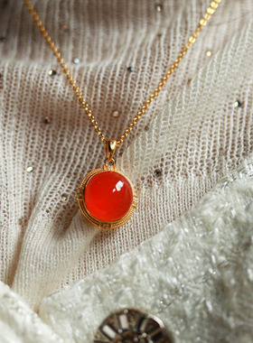 天然保山冰红吊坠高冰透红蛋形轻奢项坠s925银镀18K金锁骨链项链