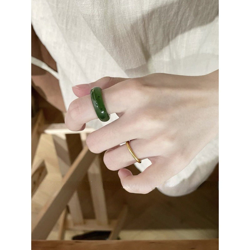 Natural clear water Hetian jade ring, spinach green jasper ring, fine jadeite gemstone ring, couple style gift