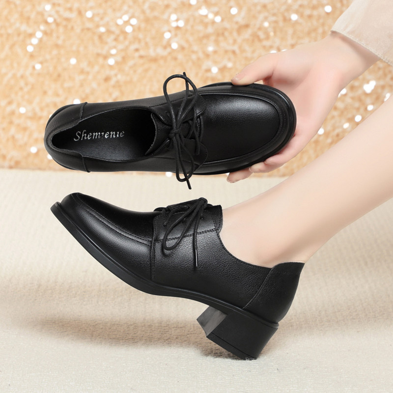 真皮英伦风小皮鞋女2025春秋新款系带低跟深口单鞋女粗跟工作鞋女,淘宝优惠券,粉丝福利购,淘宝优惠卷