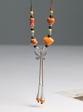 复古民族风陶瓷项链景德镇瓷珠串珠毛衣链女长款秋冬新款古风吊坠