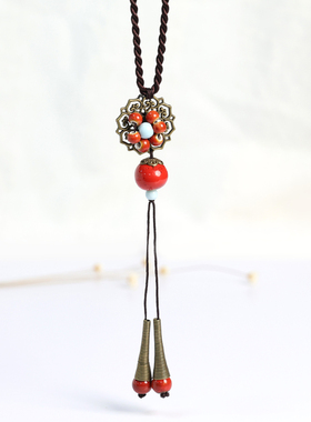 国潮古风气质毛衣链女长款民族风百搭秋冬新款景德镇陶瓷项链吊坠