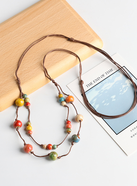 景德镇陶瓷项链毛衣链长款瓷珠编织双层爱心吊坠民族风饰品配饰女