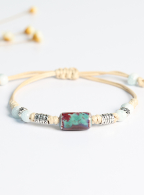 民族风复古景德镇陶瓷手链新中式编织串珠手串闺蜜森系学生手绳女