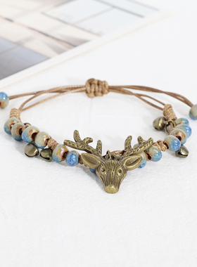 一鹿有你森系民族风陶瓷手链女手工编织手串男情侣款创意手绳铃铛