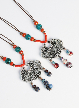 如意长命锁福锁平安锁陶瓷项链女毛衣链长款百搭国潮古风吊坠配饰