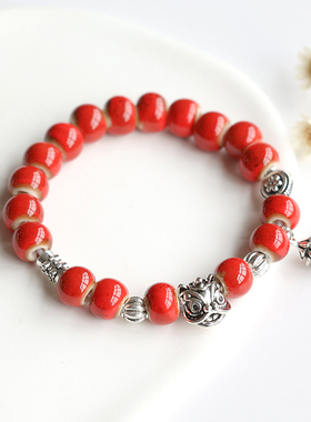 国风复古萌酷醒狮景德镇陶瓷手链瓷珠手串串珠手饰女闺蜜情侣礼物