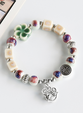 景德镇陶瓷手链瓷珠编织串珠手串民族风学生手饰新中式手绳女饰品