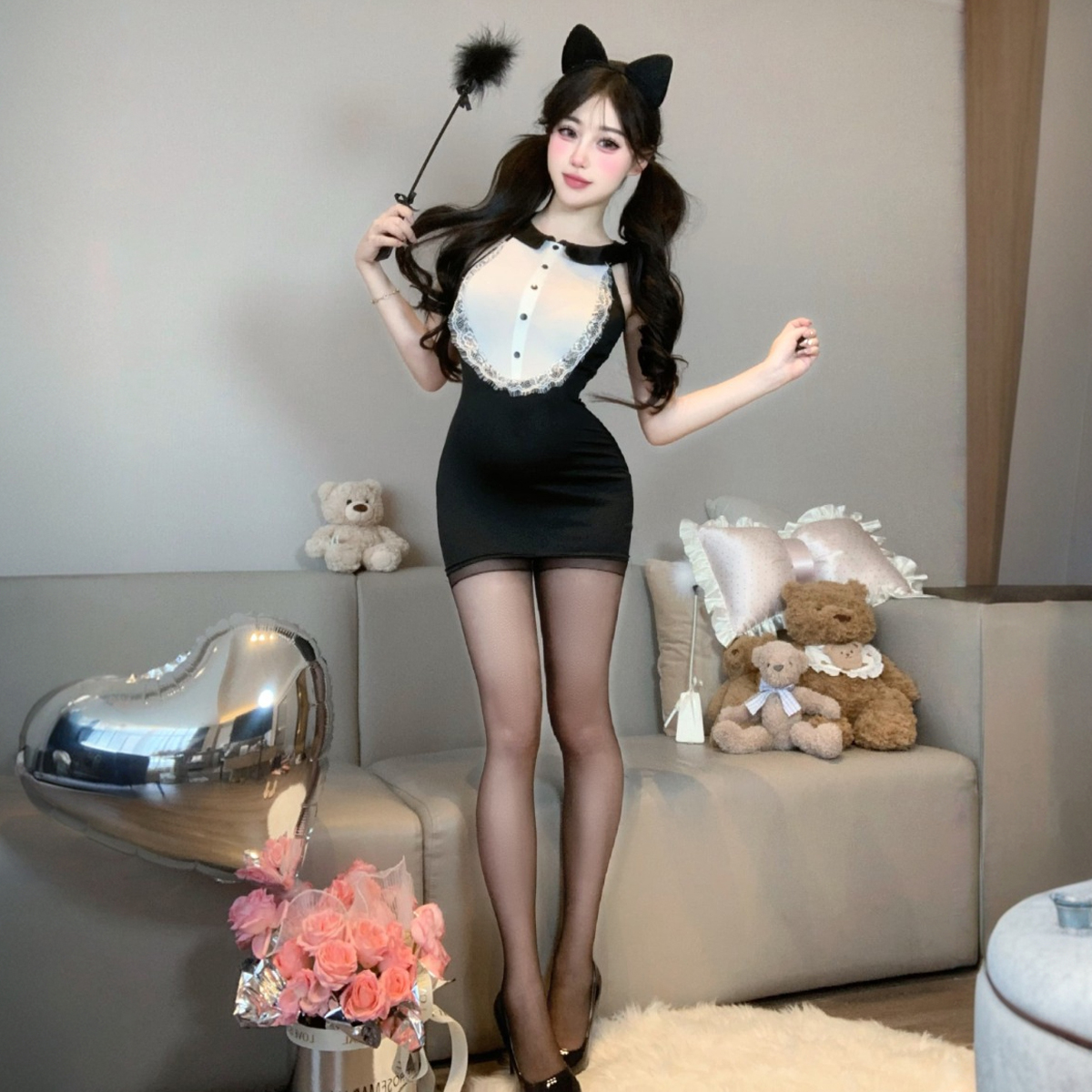 性感辣妹拼接蕾丝花边无袖连衣裙cos女仆制服套装女修身包臀短裙 - 图3