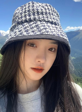网红黑白千鸟格粗麻针织水桶帽