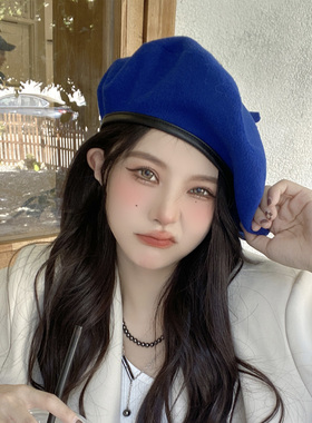 显白克莱因蓝大版云朵秋冬贝雷帽