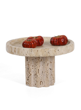 法式侘寂风大理石托盘高脚果盘果盆黄洞石装饰盘软装会所台面摆件