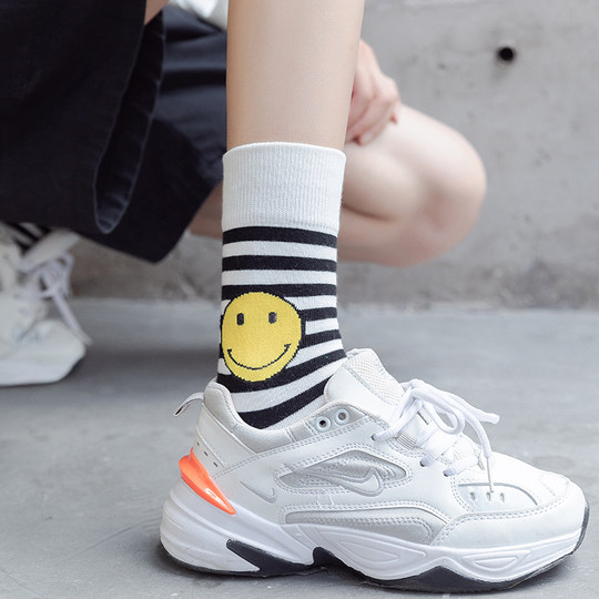 Chaussettes Smiley, mi-mollet, vêtements d'extérieur en coton rayé