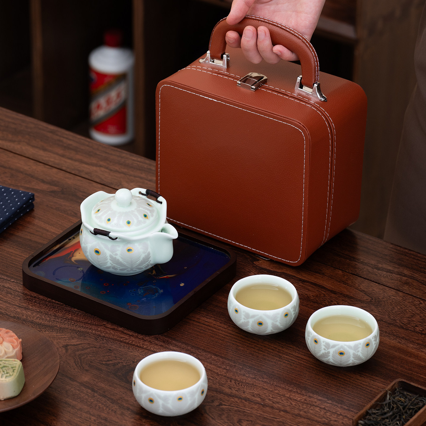 旅行茶具一壶三杯便携式快客杯户外露营茶壶茶杯带手绘仿大漆茶盘,淘宝优惠券,粉丝福利购,淘宝优惠卷