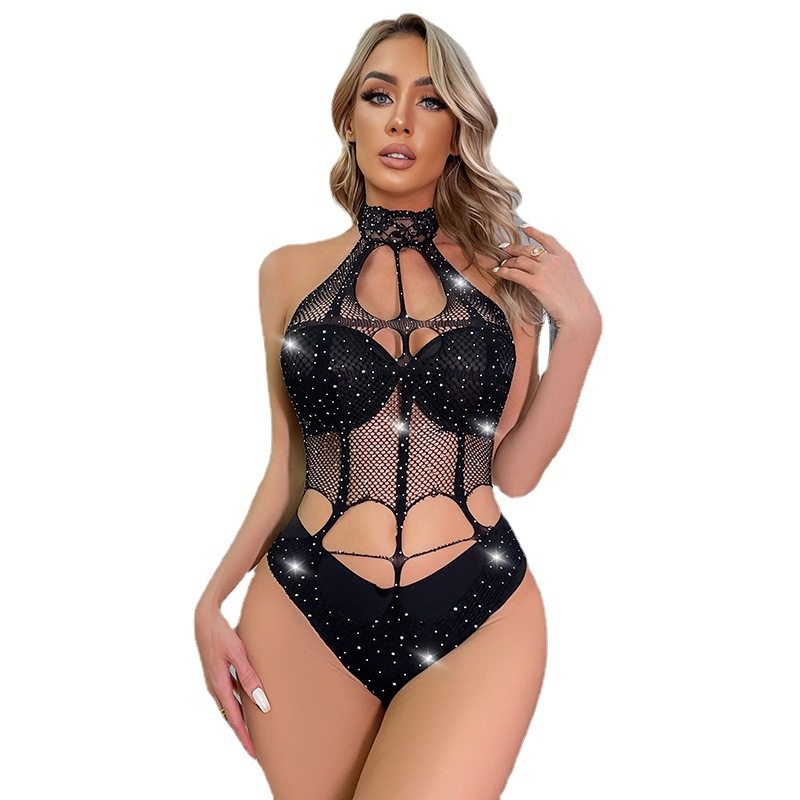 欧美风性感蕾丝拼接渔网连体衣女镂空半高领露背辣妹烫钻薄款内衣,淘宝优惠券,粉丝福利购,淘宝优惠卷