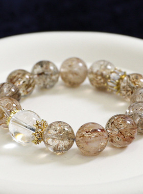 高货天然黑金超七大点位手串云母包体白水晶手链情侣特色宝石