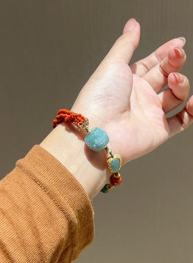 天然货蓝水翡翠回纹珠桶珠手链  银镀金天然满色南红多层手链女