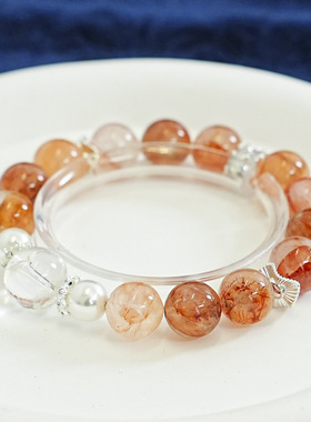 天然水晶芬达胶花贝珠手串珠手链本命年红色女白水晶手串