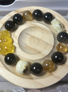 Mimio原创设计款蜜蜡拉布布金珀兔子糖果桶珠黄塔晶银曜石手串