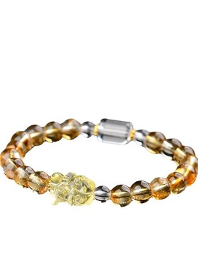 黄水晶进宝圆珠手链 黄阿塞配白水晶棱柱手串女款百搭首饰品礼物