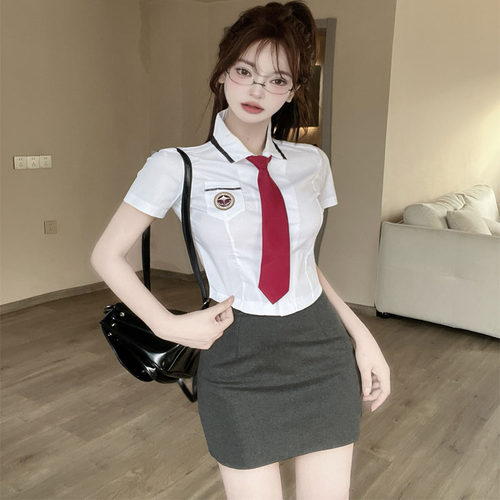韩国学生校服衬衣夏季jk制服套装学院风修身白色短袖收腰衬衫女 - 图2