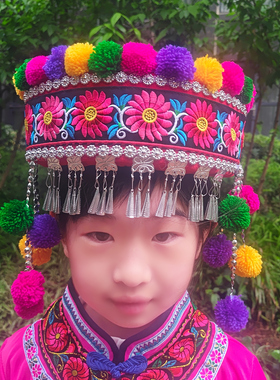 太阳花款毛球帽彝族哈尼族拉祜族普米族女童帽子绣花毛球儿童帽女