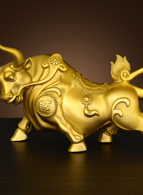 纯黄铜牛摆件一对牛气冲天财福牛