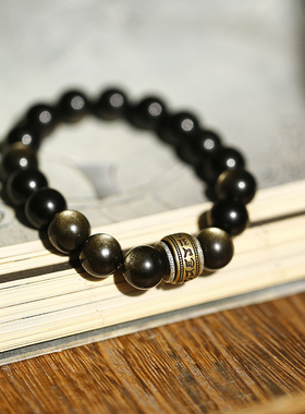 软语黑曜石纯银六字真言可转手链