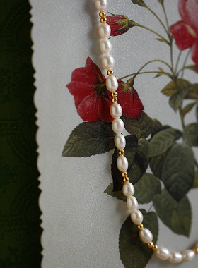 杏花微雨丨天然珍珠间金珠项链