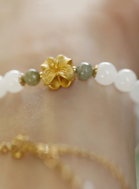 软语和田白玉翡翠纯银古法金手链