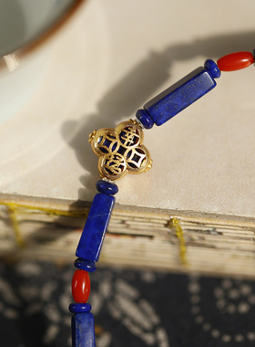 软语青金石纯银古法金梅花手链